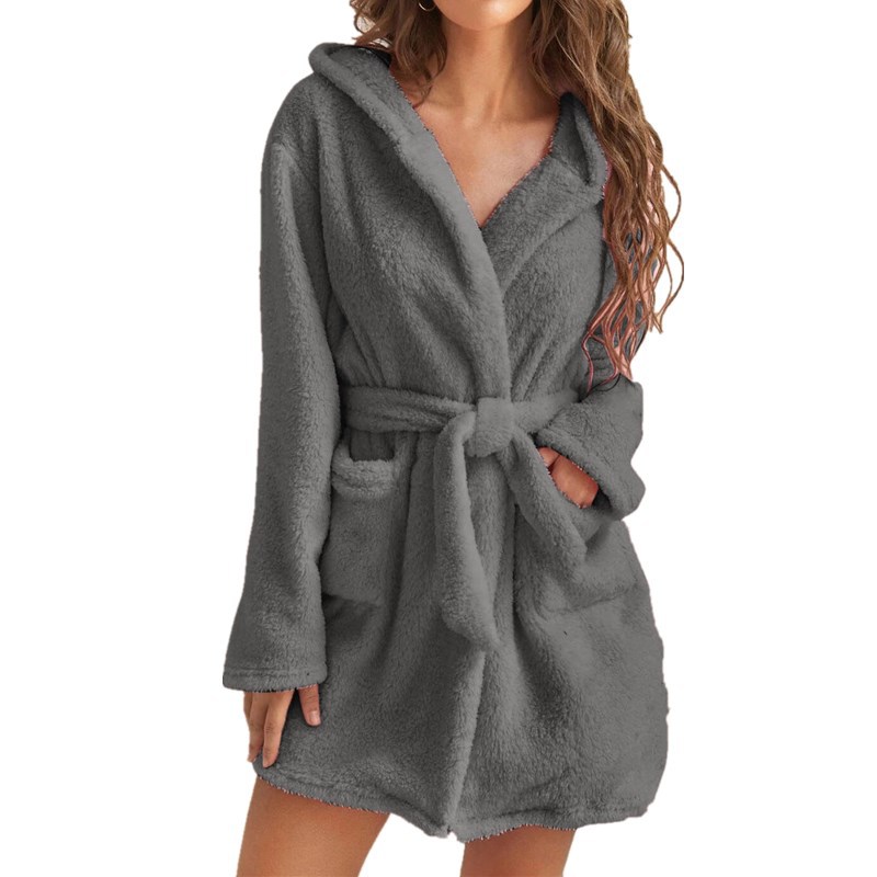 Dark Grey M Size Women's Ultra-Thick Plush Robe with Large Hood & Pockets - Warm Winter Double-Layer Sherpa Fleece Lounge, Bathrobe & Nightwear