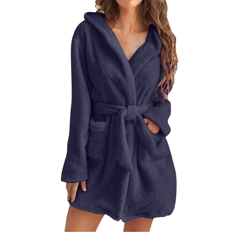 Dark Blue 2XL Size Women's Ultra-Thick Plush Robe with Large Hood & Pockets - Warm Winter Double-Layer Sherpa Fleece Lounge, Bathrobe & Nightwear