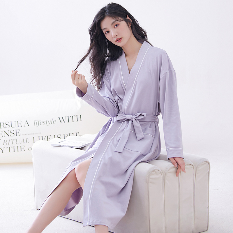 Purple L size Women's Cotton Robe — Autumn/Winter Bathrobe & Morning Gown | Long Sleeve, Mid-Length, Plus Size | Loose, Comfortable, and Machine Washable | Suitable for All Seasons