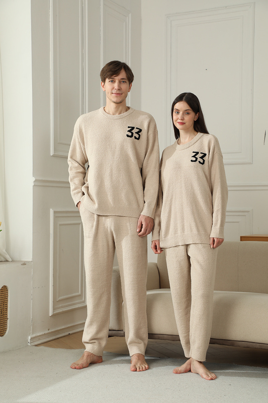 2-Piece Khaki Couples' Pajama Set — Warm & Cozy Semi-Flannel Style. Features a knitted digital pattern, soft fleece fabric, and a pullover design—the perfect choice for home loungewear during the autumn and winter seasons.