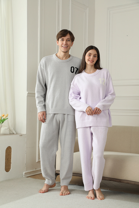 2-Piece Khaki Couples' Pajama Set — Warm & Cozy Semi-Flannel Style. Features a knitted digital pattern, soft fleece fabric, and a pullover design—the perfect choice for home loungewear during the autumn and winter seasons.