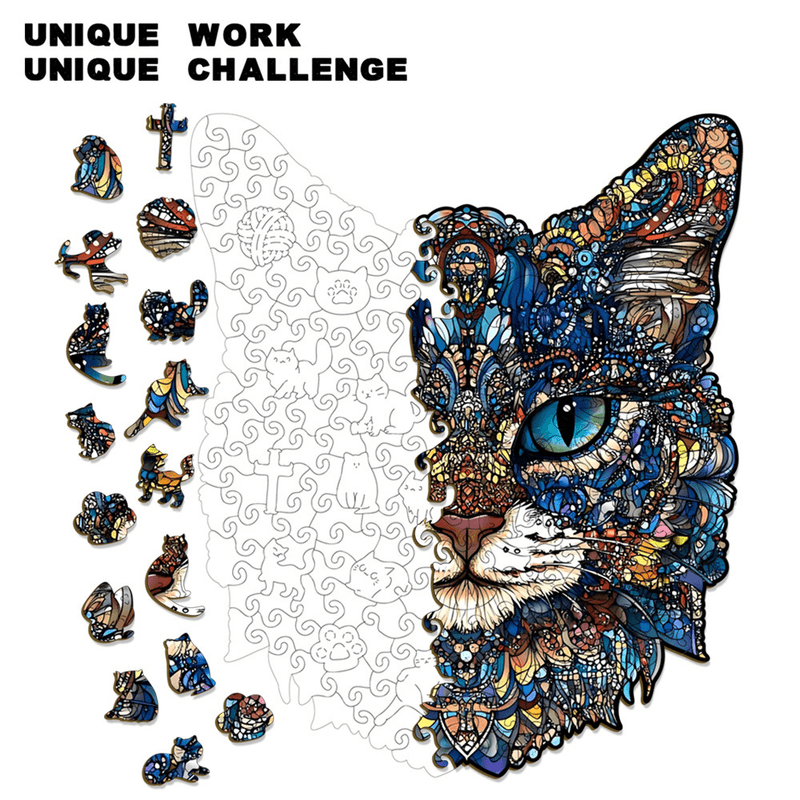 M Style Blue-Eyed Cat Wooden Jigsaw Puzzle -Irregular Animal Shaped Puzzle, Laser Cut 3D Craft, Stress Relief Brain Game Gift for Adults 14+