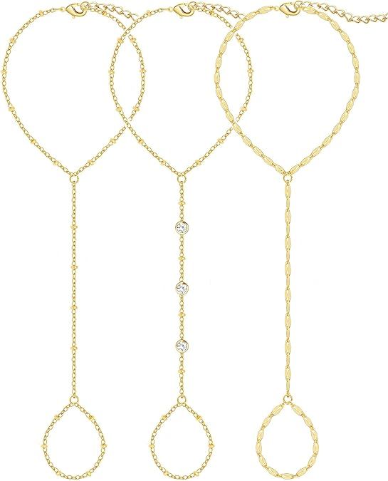 3PCS 14K Gold-Plated Hand Chain Bracelets for Women, Stack Bracelets Set Adjustable, Trendy Dainty Ring Bracelet Hand Chain