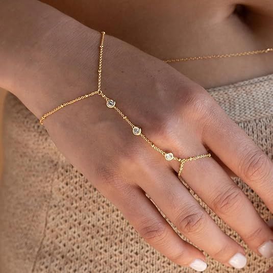3PCS 14K Gold-Plated Hand Chain Bracelets for Women, Stack Bracelets Set Adjustable, Trendy Dainty Ring Bracelet Hand Chain