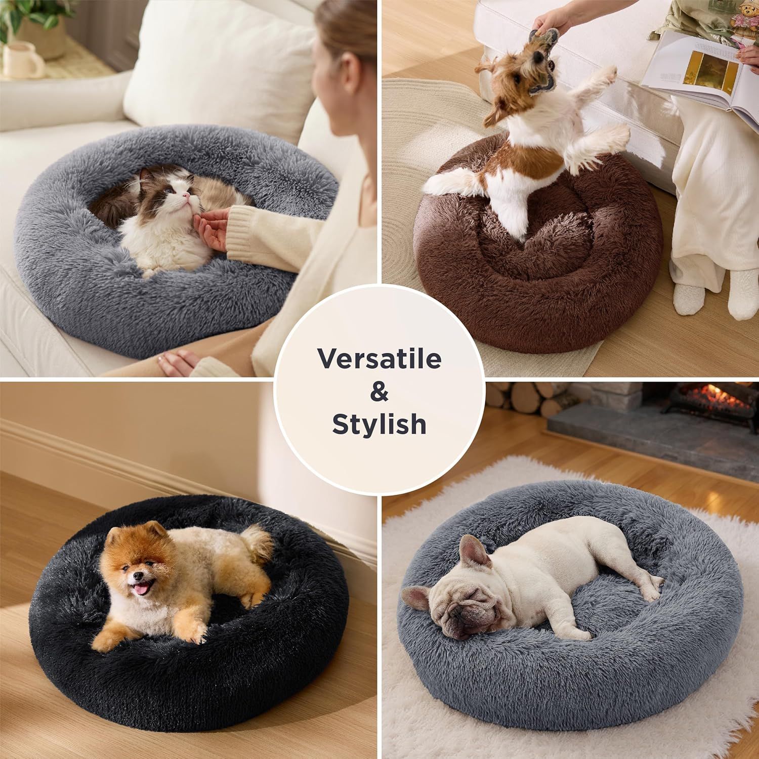 Calming Donut Cat Bed - Fluffy Plush Round Pet Bed, Suitable for Indoor Cats and Small Dogs, Washable, Anxiety-Free, Soft, Comfortable Hug, 27x27 inches, Brown (Basic Version)