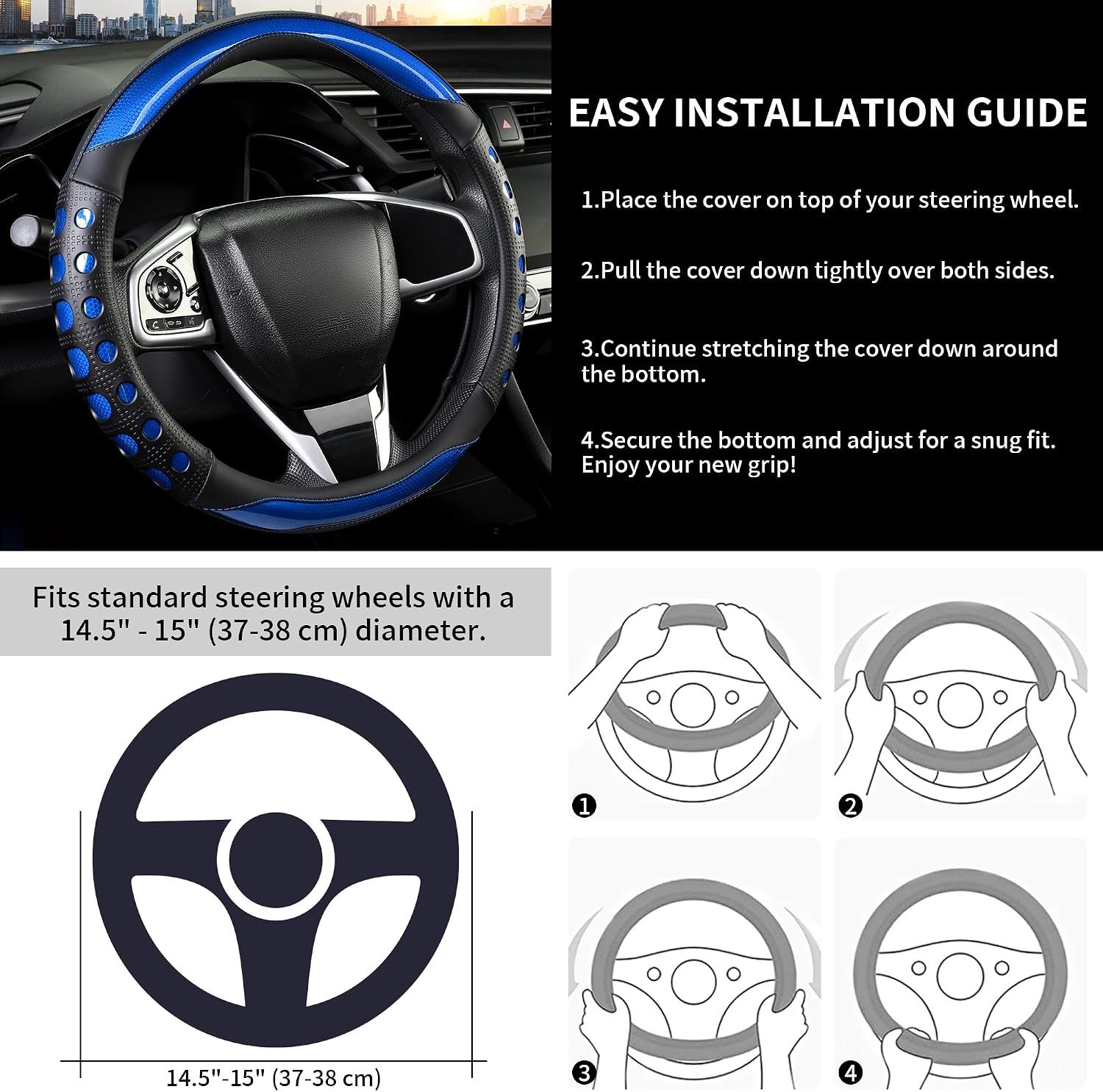 PU Leather Car Steering Wheel Cover with Non-Slip Grip, Suitable for Both Men and Women, Universal Fits 14.5-15 Inch Cars, Trucks, SUVs (Blue (Round), Medium (Standard) Size [14 1/2-15 Inches])