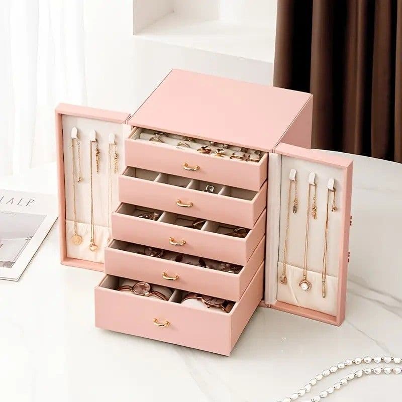 Faux Leather Jewelry Storage Box Large 5 Drawers Pink with Gold Handles