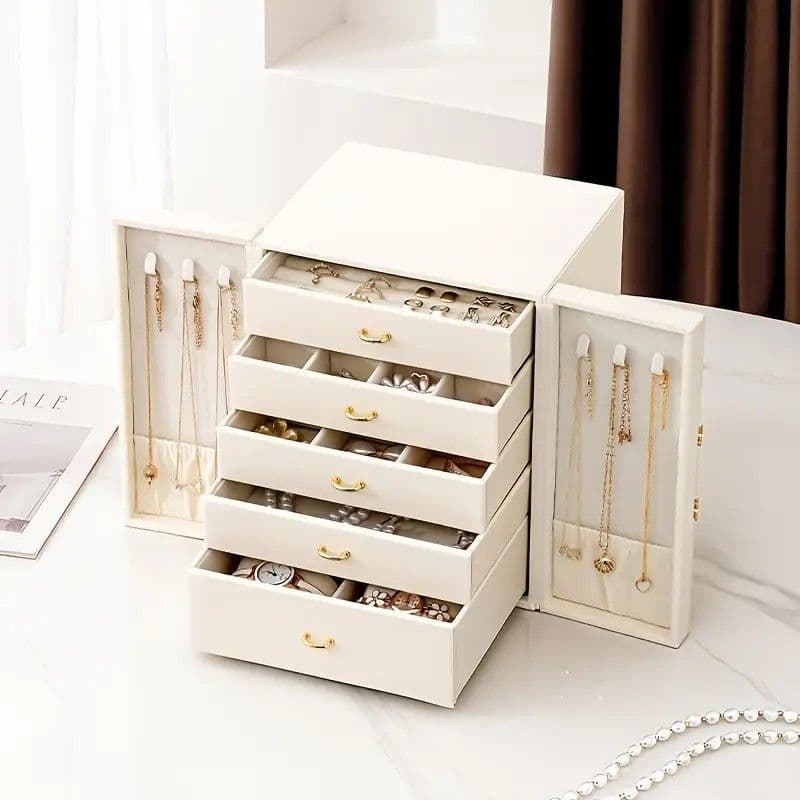 Faux Leather Jewelry Storage Box Large 5 Drawers Pink with Gold Handles