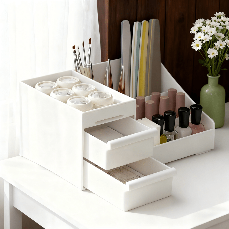 White Multi-Compartment Large-Capacity Desktop Storage Box Keeps vanity tables and desks neat and organized—lipsticks, masks, makeup brushes all stored in one box. Easy access, seamlessly fits into various settings.