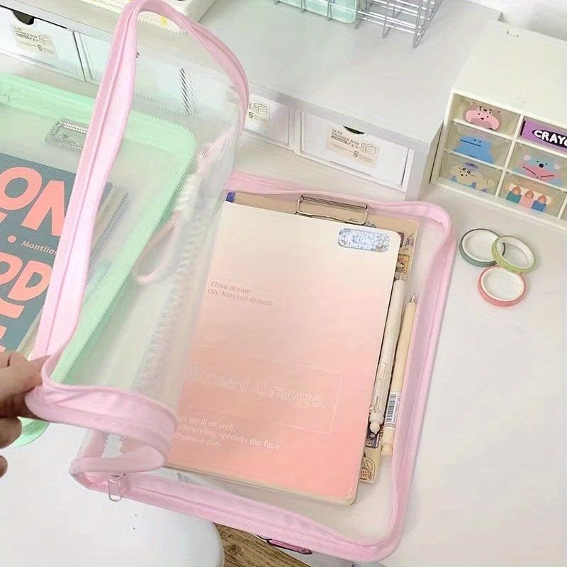 Macaron Candy Student File Bag + PET Animal Stickers - Hand-Carry Large Capacity Waterproof A4 Zipper Transparent Exam Paper & Textbook Storage Bag, Folder（pink）