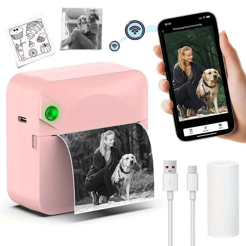 (Pink）Inkless Sticker Printer Mini Thermal Printer with Roll Thermal Paper, Wireless Pocket Printer, Smart Portable Receipt Printer for Photos, Diaries, Notes, and Preparation Work.