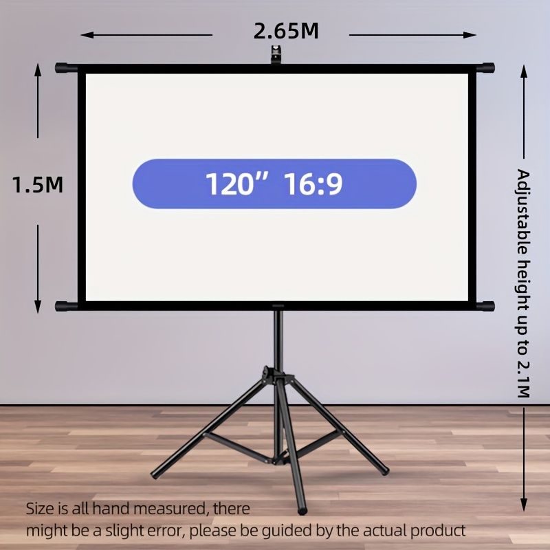 120in Portable and mobile projection screen with tripod stand, 16:9 HD format, suitable for home theater and indoor wall mounting. Made of polyester fabric, easy to set up and use. Ideal for office presentations and home entertainment, ready to use r