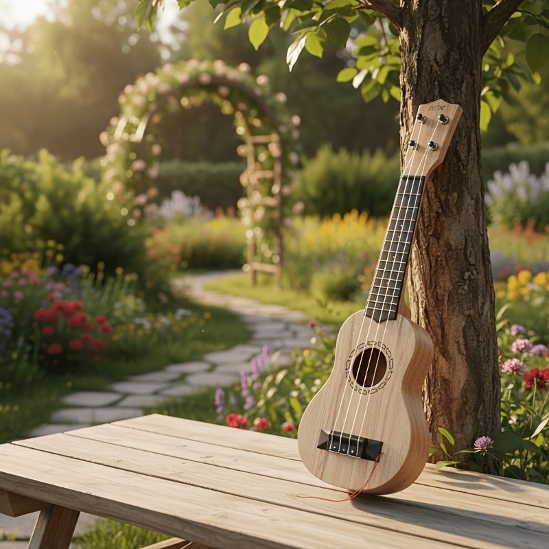 Acacia wood 17-inch Playable Ukulele Mini Guitar, lightweight and portable. Features comfortable nylon strings, includes a pick, and has open-style tuning pegs for precise tuning. Suitable for beginners and music enthusiasts, a popular gift choice fo