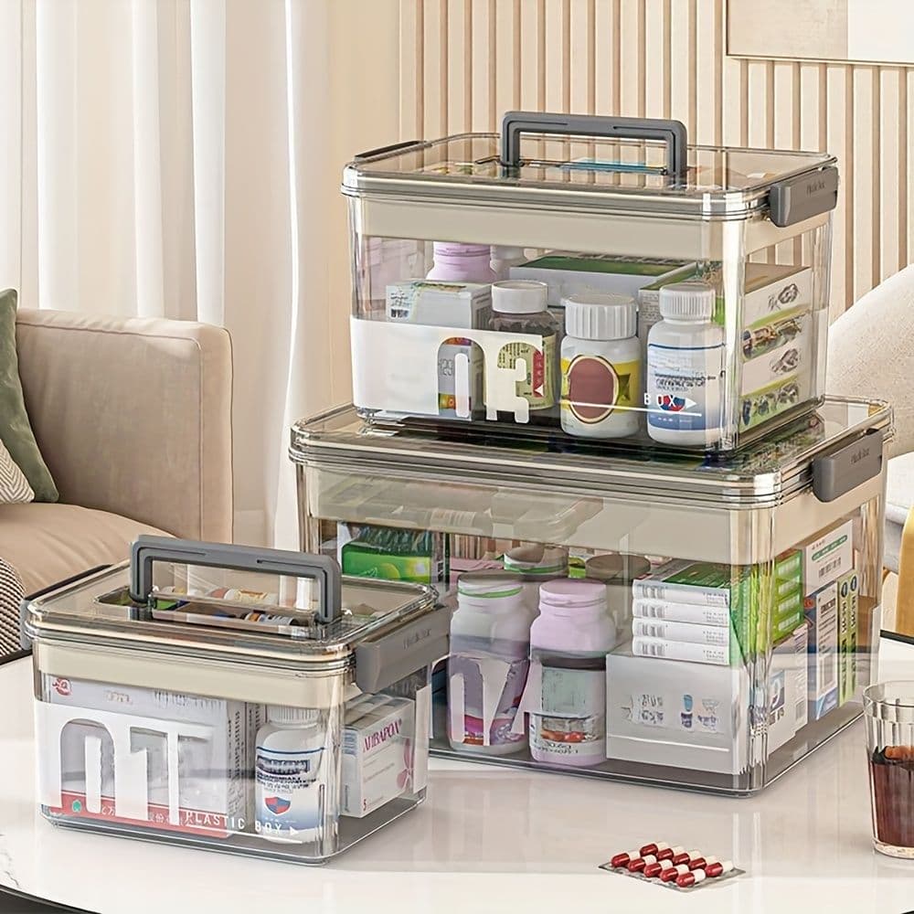 Multi-Layer Large Capacity Home Medicine Box Quick Access Compartment Storage Translucent Gray
