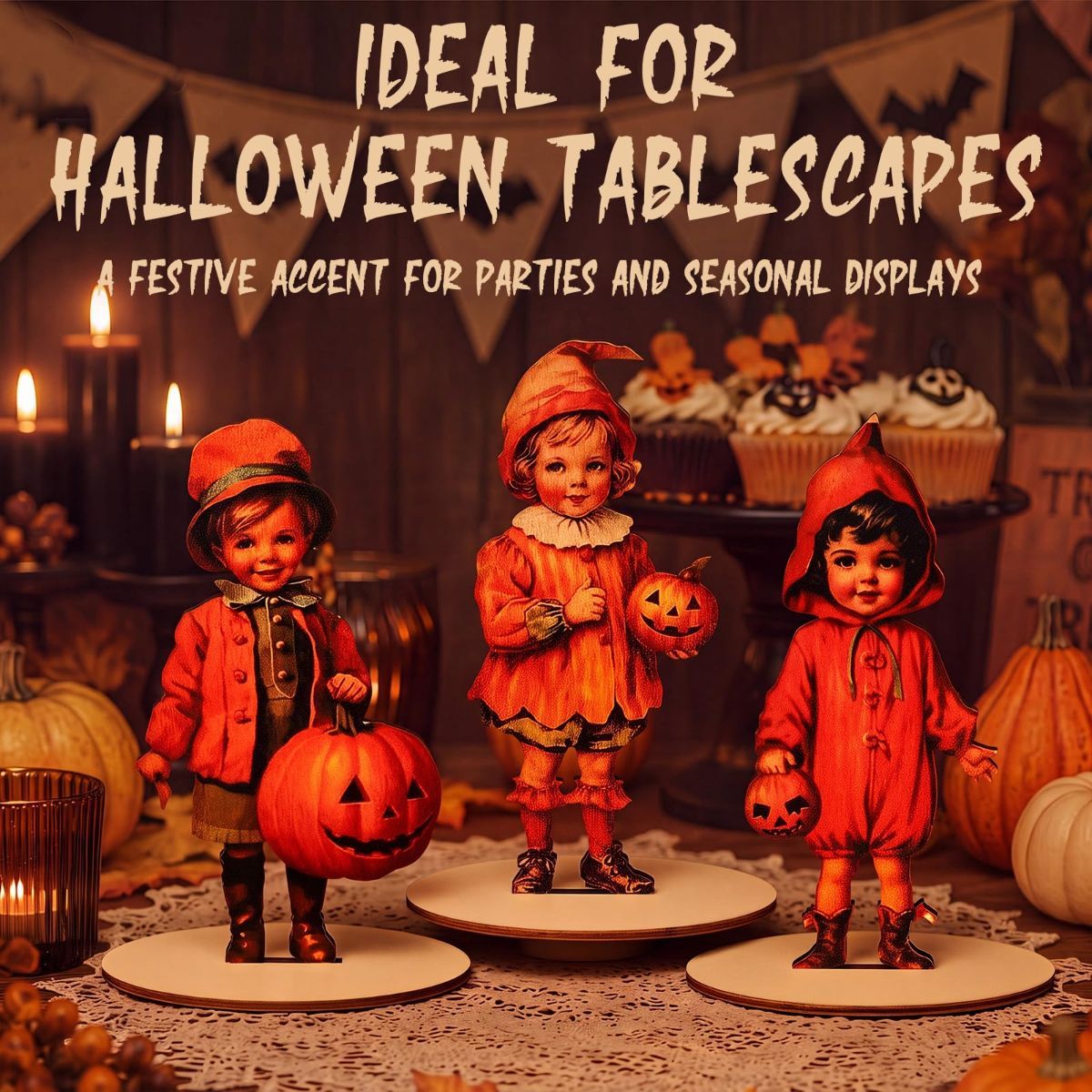3 Pcs 9 x 6 Inch Vintage Halloween Decor Retro Halloween Table Decor Wooden Rustic Centerpiece Sign Farmhouse People Character Table Decoration for Home Tabletop Holiday Party