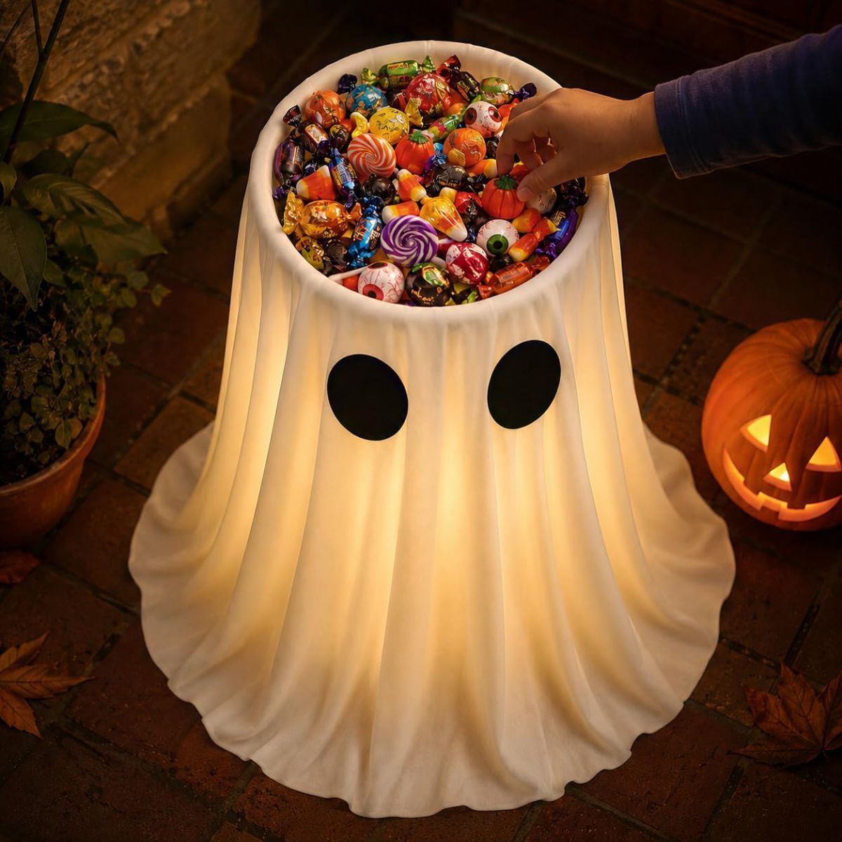 Halloween Decorations Outdoor Indoor, 30IN Lighted Ghost Candy Bowl with Timer Remote & Large Foldable Basin for Trick or Treating, Outside Ghost Decor for Porch Front-Door Yard Lawn Party.