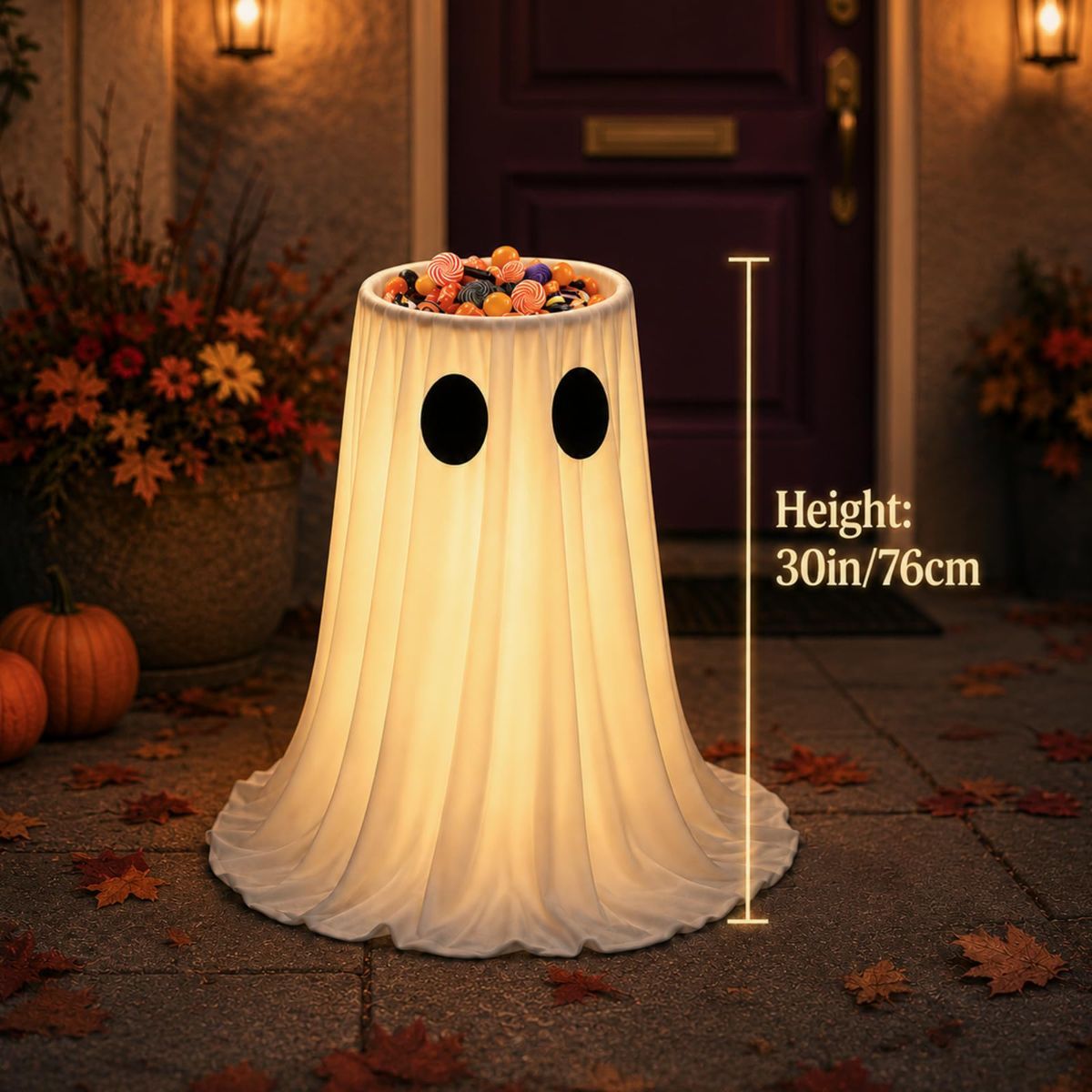 Halloween Decorations Outdoor Indoor, 30IN Lighted Ghost Candy Bowl with Timer Remote & Large Foldable Basin for Trick or Treating, Outside Ghost Decor for Porch Front-Door Yard Lawn Party.