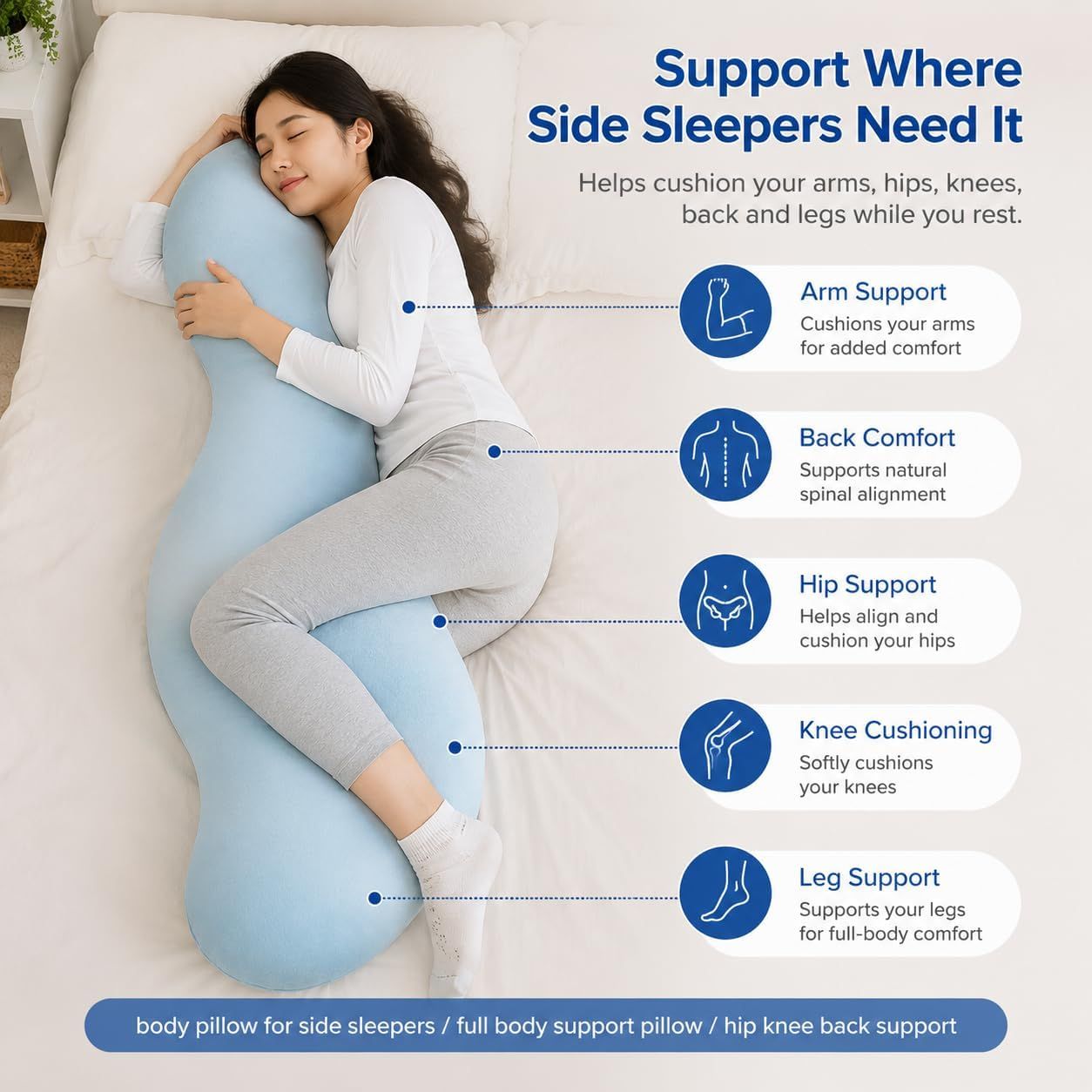 Pea Pod Shape Body Pillow for Adults Full-Body Support Side Sleeper Pillow, Pregnancy Back Pain Relief, Soft Hug Pillow with Memory Fiber Filling(Light Blue,43.3in)