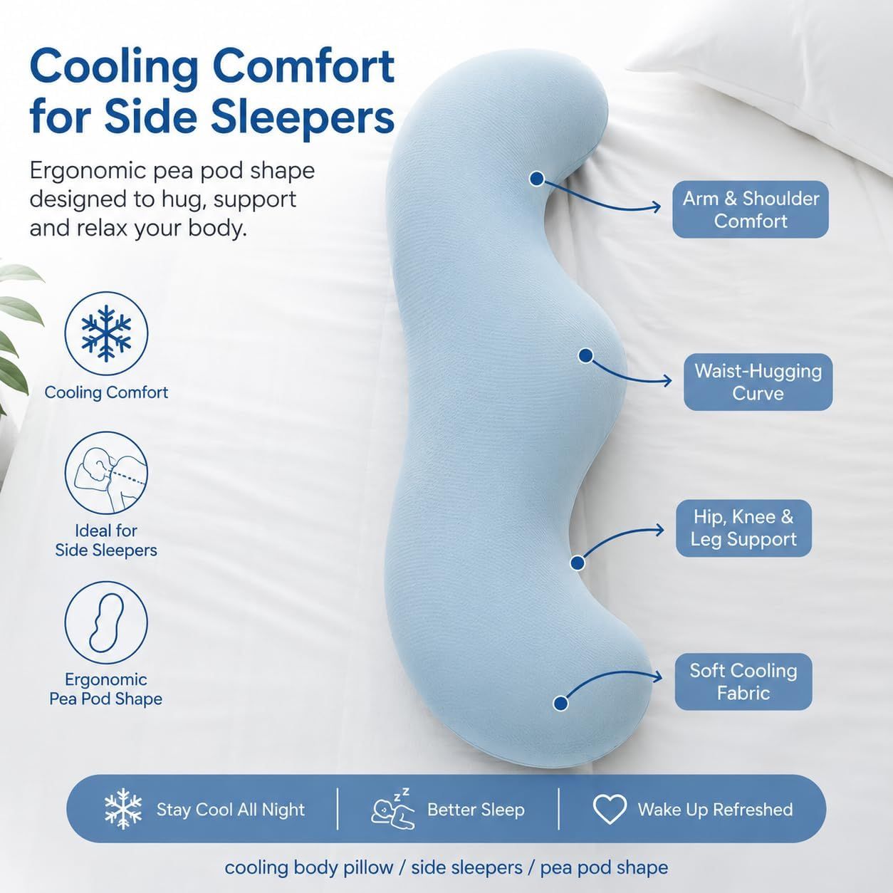 Pea Pod Shape Body Pillow for Adults Full-Body Support Side Sleeper Pillow, Pregnancy Back Pain Relief, Soft Hug Pillow with Memory Fiber Filling(Light Blue,43.3in)