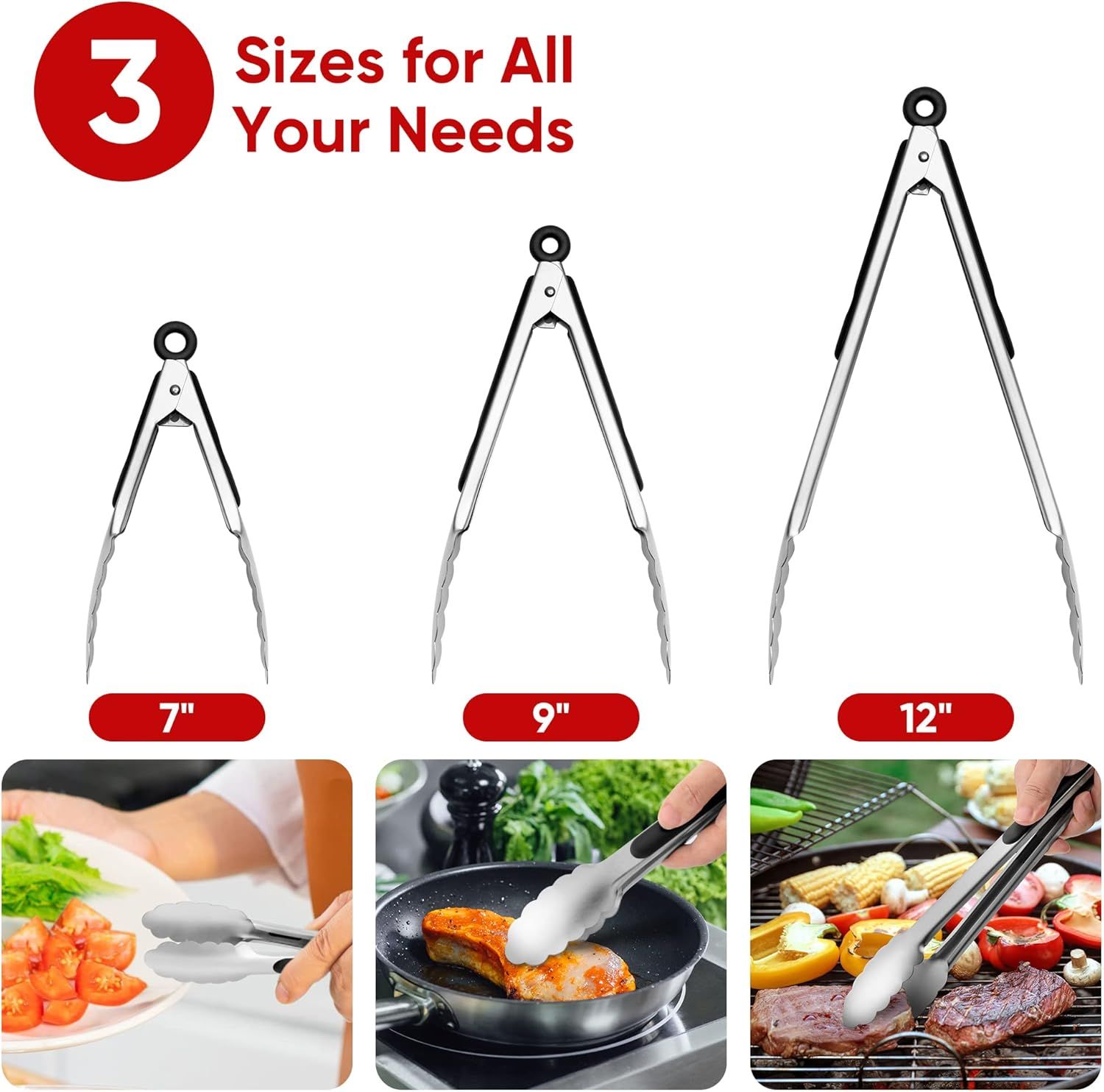 3 Pcs Stainless Steel Kitchen Tongs Set (7" 9" 12"), Heavy Duty Food Grade Cooking Tongs with Lock for Grilling & BBQ (Black)