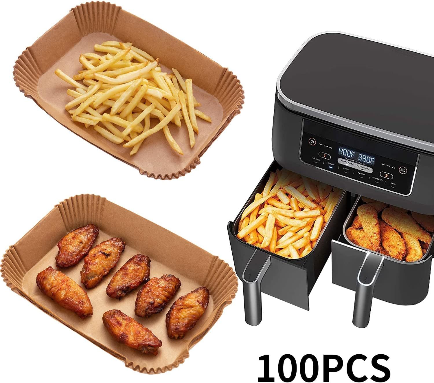 100-Pack Air Fryer Paper Liners – Rectangular Bowl-Style, Unbleached Kraft Paper, Heat-Resistant & Grease-Proof, Compatible with Most Dual-Basket Air Fryers, Ovens, Microwaves, and Instant Pots—Single-Use Convenience for Easy Cleanup (Brown)