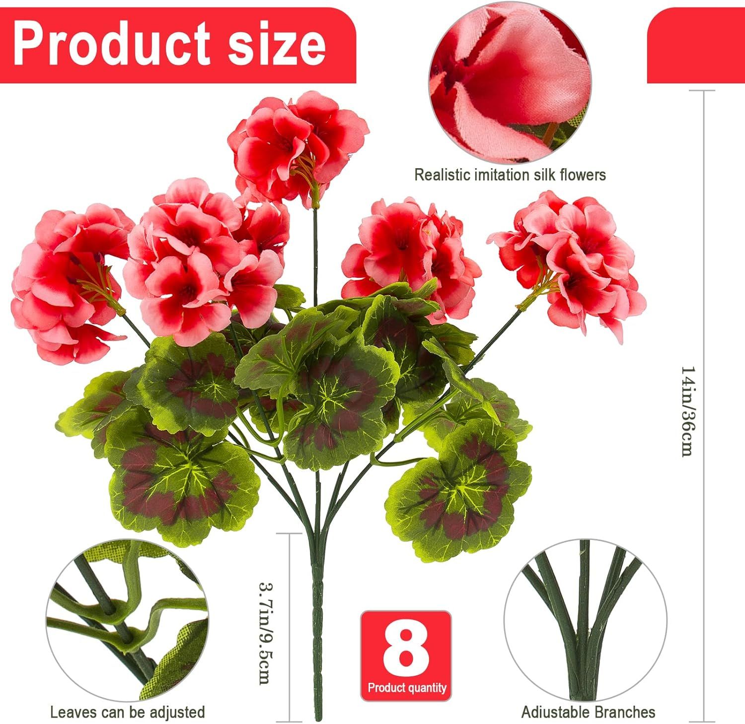 8 Pcs Artificial Red Geranium Silk Flowers for Outdoor Patio Garden & Indoor Home Decor (Pink)