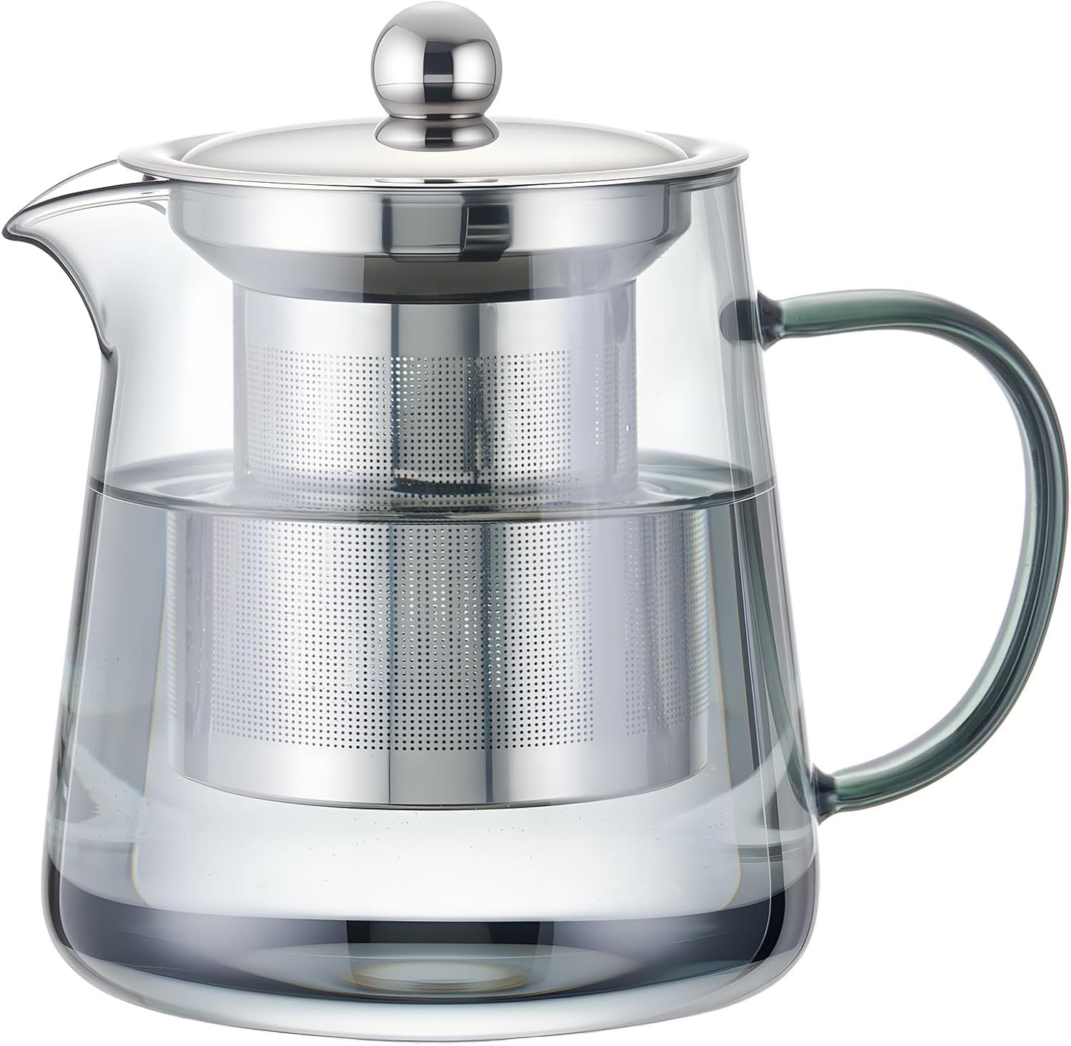 Glass Teapot with Removable Stainless Steel Infuser, Heat-Resistant Body, Secure Lid, and Ergonomic Handle—Ideal for Loose Leaf, Flower, Herbal, and Bagged Teas—Compact Design for Home, Office, or Travel Use (Silver)
