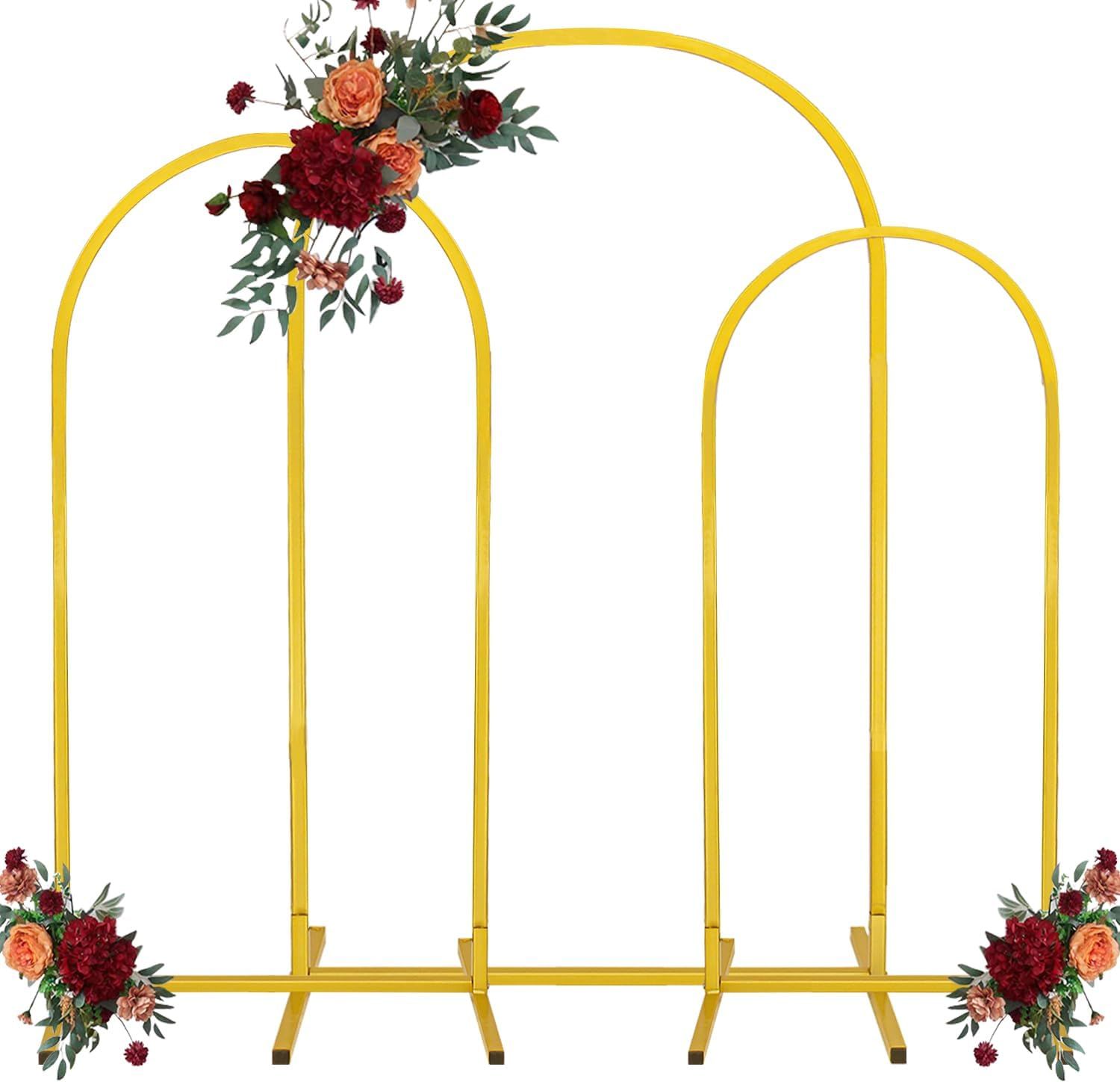 3-Piece Metal Wedding Arch Stand Set for Ceremony Backdrop, Balloon Decoration, and Party Stage Display (Gold)