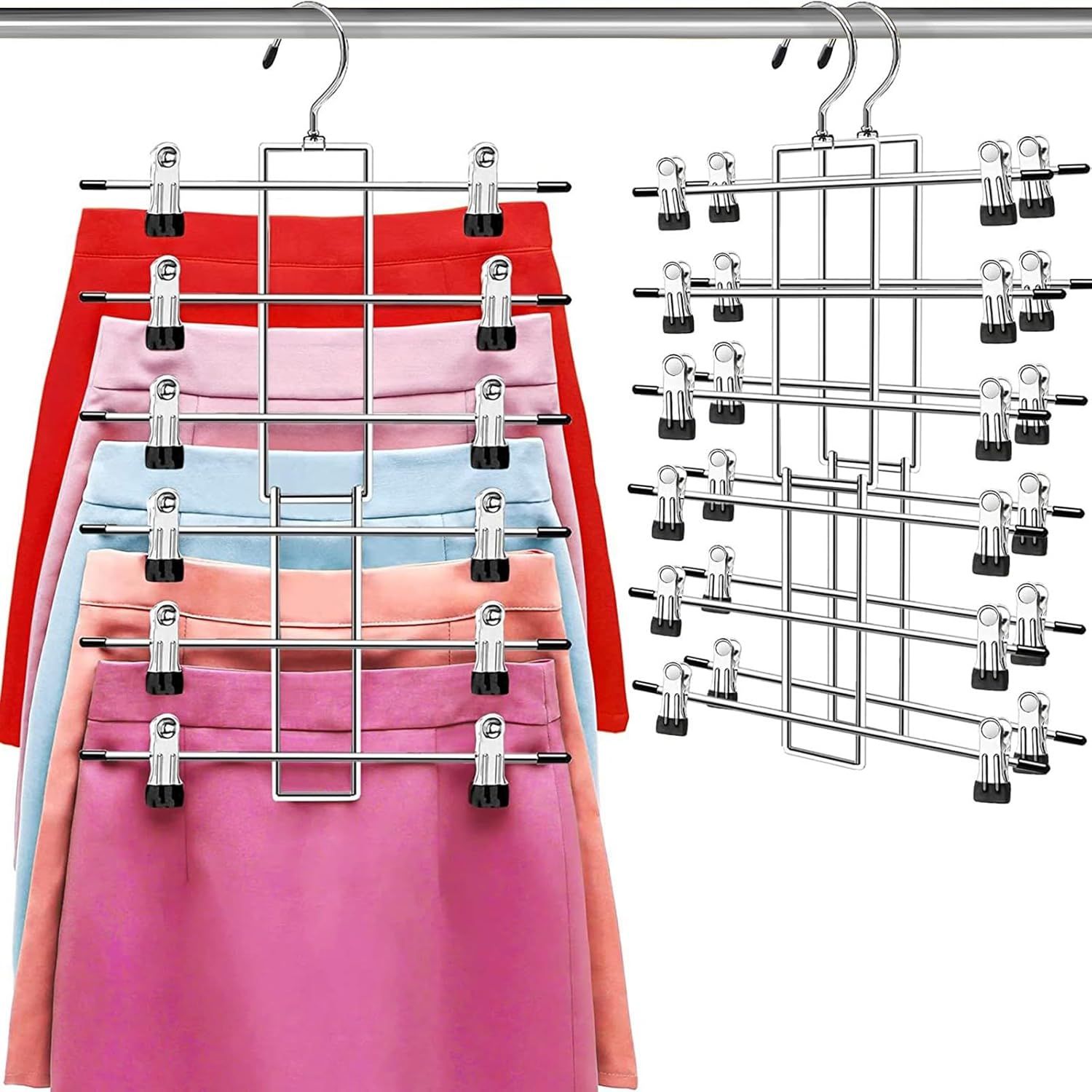 6-Tier Metal Clothing Organizer Hanger with 12 Adjustable Clips, 360° Swivel Hook, Foldable Design, and Rubber-Tipped Grips for Pants, Skirts, Bras, Sweaters, and Scarves—Space-Efficient Closet Solution (2 pack)