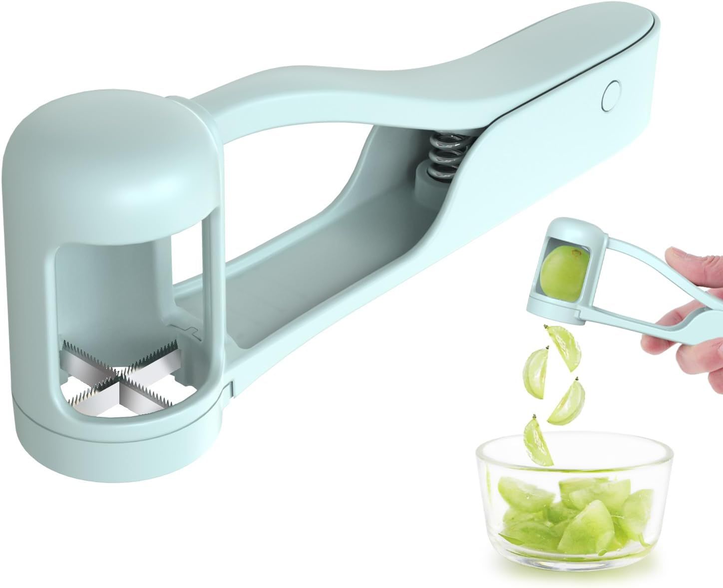 Lightweight Fruit Quartering Tool with Spring-Loaded Serrated Blades, Ergonomic Handle, and Semi-Wrap Chamber—Ideal for Grapes, Cherry Tomatoes, Strawberries, Blueberries, and Small Fruits—Easy Grip, Quick Clean, Compact Kitchen Helper (Blue)