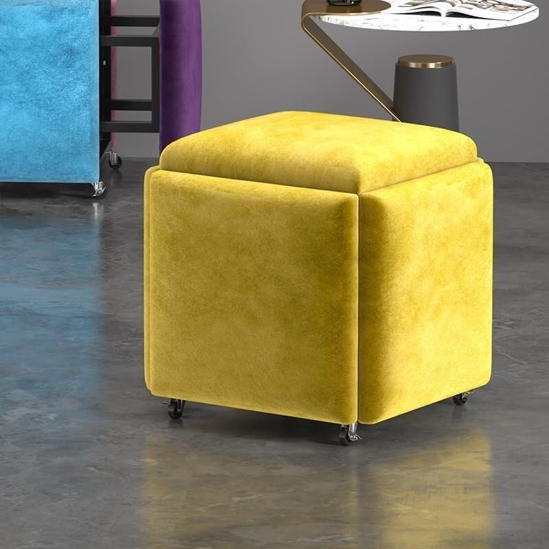 Stool, 5 in 1 Nesting Ottoman Stool with Swivel Casters Stackable Cube Square Sofa Vanity Movable Footstool for Living Room Bedroom(Yellow)