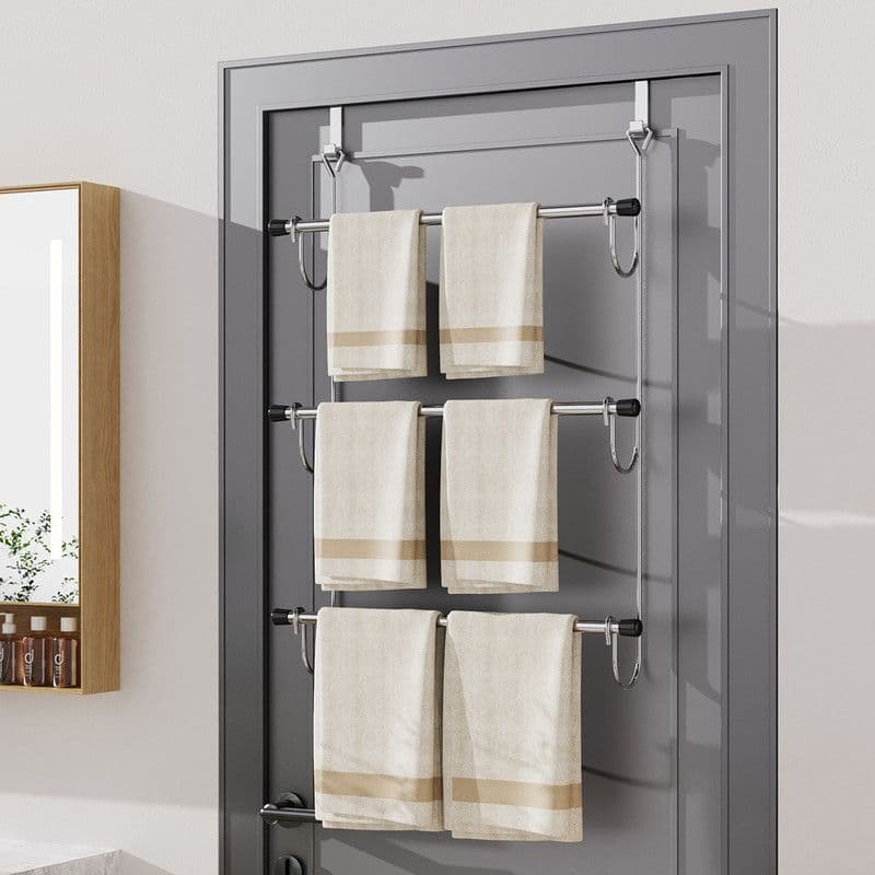 Towel Rack Behind Bathroom Door Three-Layer Storage Rack Non-Perforated Hook Towel Hanger-Silver