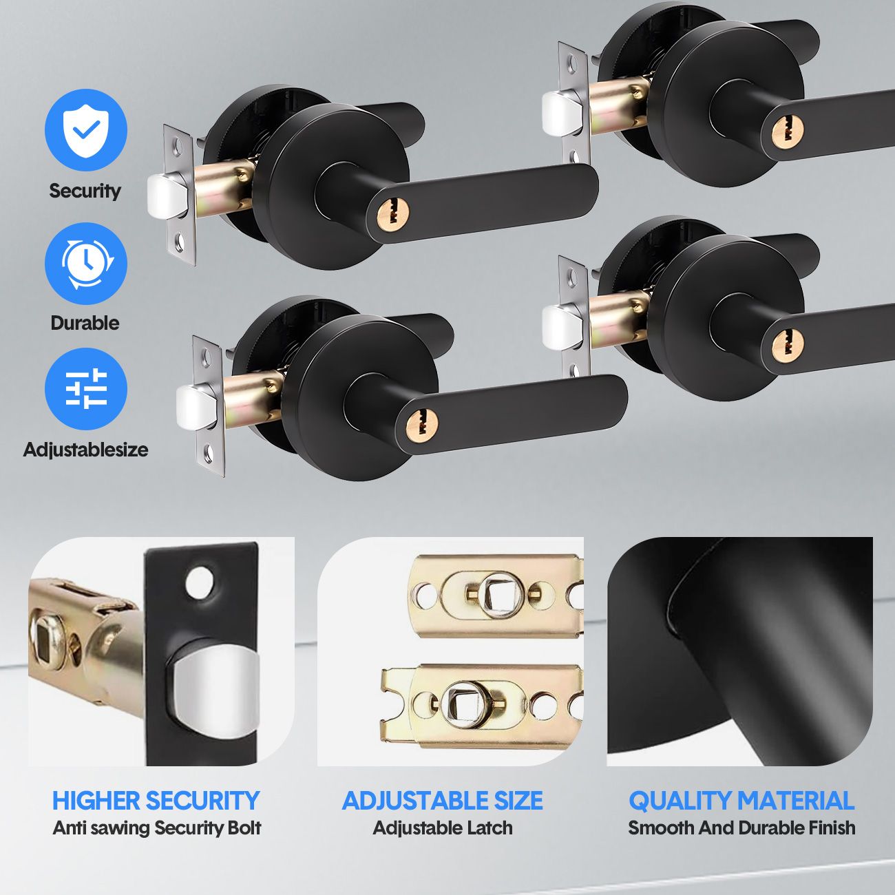 Privacy Door Lever Handle with Key, Heavy Duty Interior Door Lock, Round Design, 1 Pack, Matte Black
