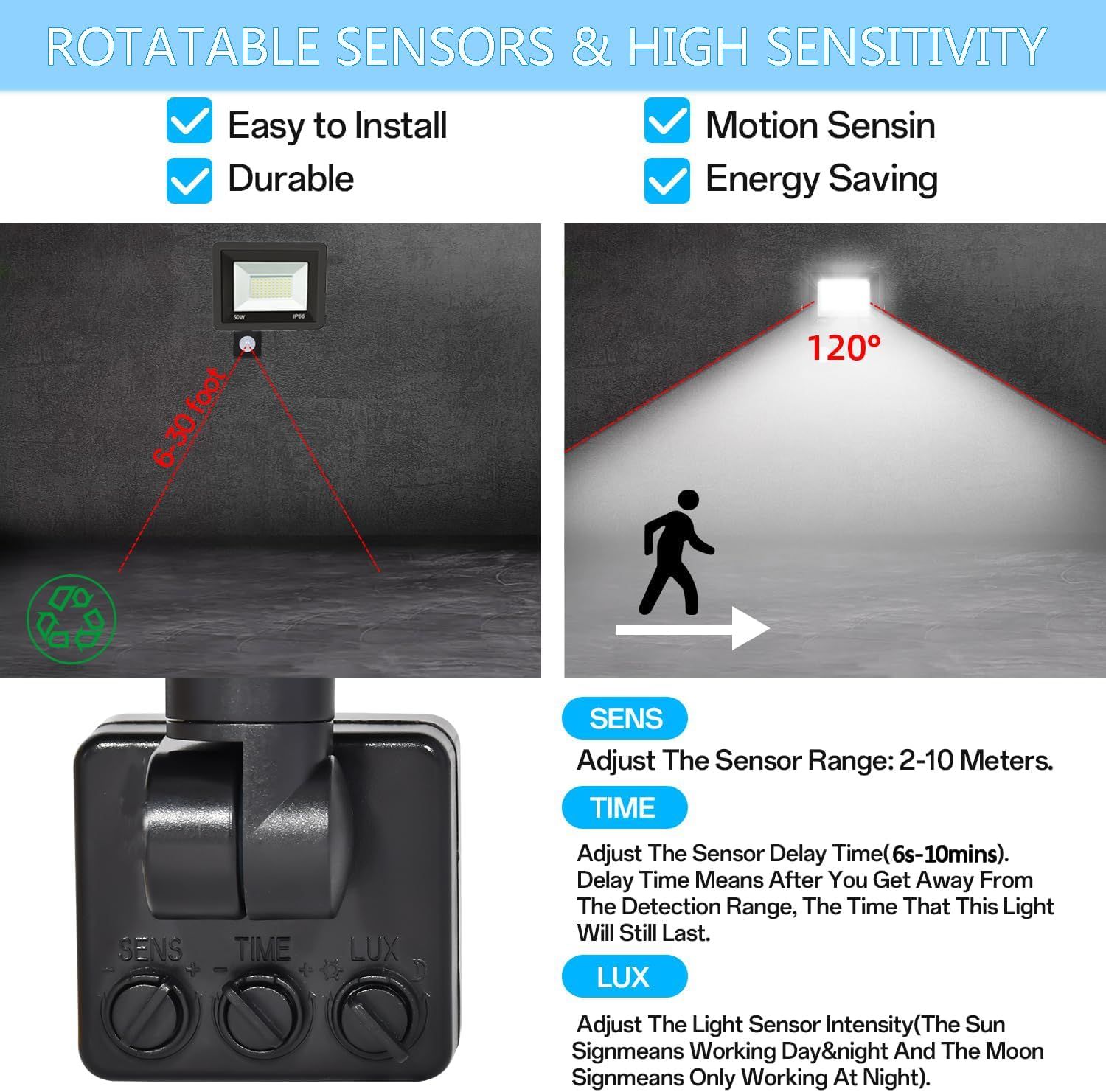 2 Pack LED Floodlight with Motion Sensor, 50W 5000LM 6500K Cool White, IP66 Waterproof