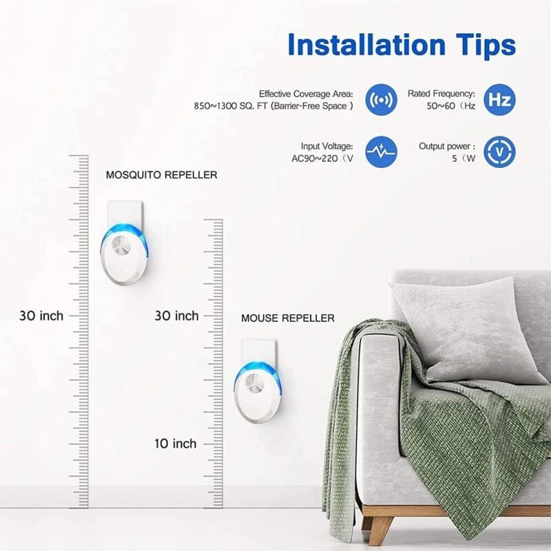 4 Pack Ultrasonic Mouse Repeller, Indoor Device for Mice, Rats, Mosquitoes, Cockroaches, Ants and Spiders