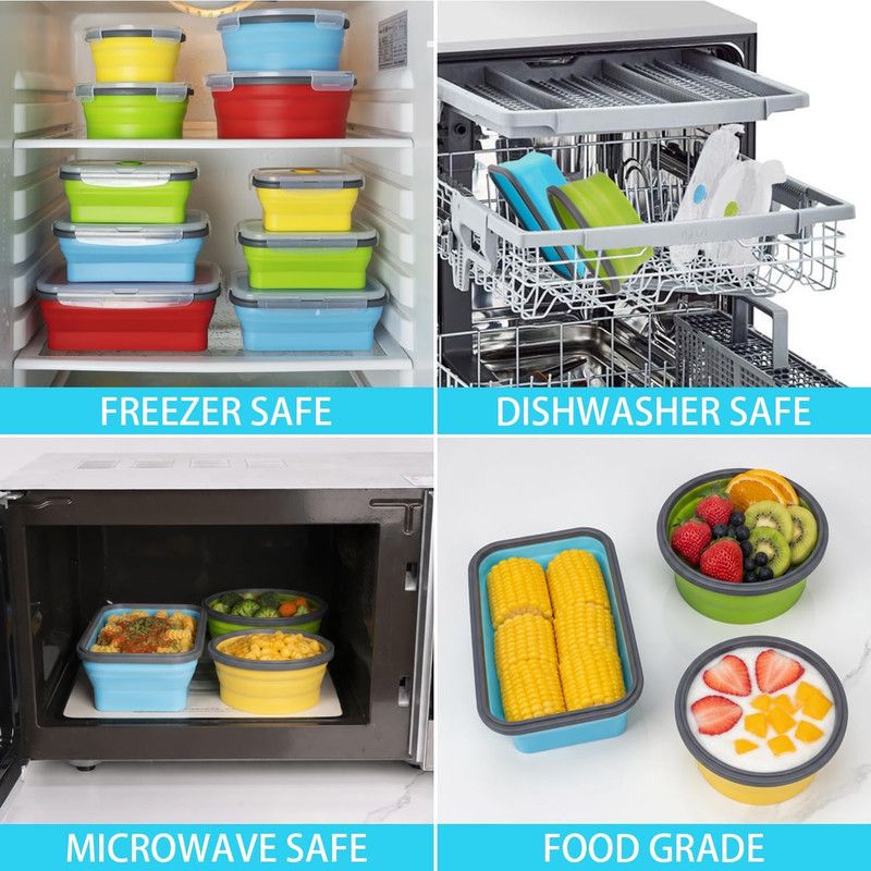 Collapsible Food Storage Bowls with Vented Lids, 8 Pieces Set | 4 Rectangular & 4 Round Silicone Containers, Reusable Lunch Boxes, Microwave Fridge Dishwasher Friendly, 4 Assorted Colors