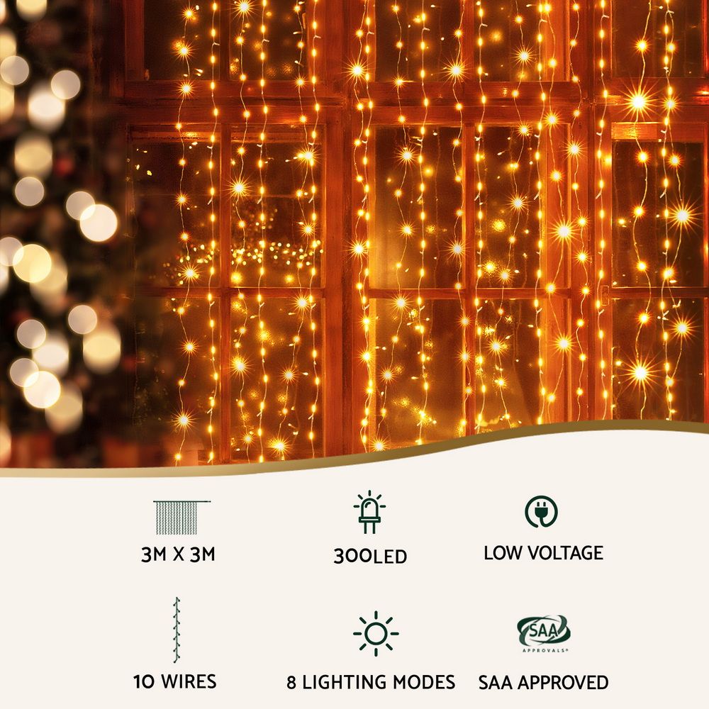 30 m Curtain String Lights, 300 LED Christmas Fairy Lights, Warm White