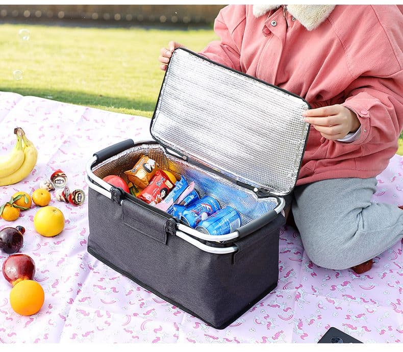 Insulated Picnic Basket 18L Collapsible Aluminum Frame Yellow Plaid 40 x 20 x 23 cm