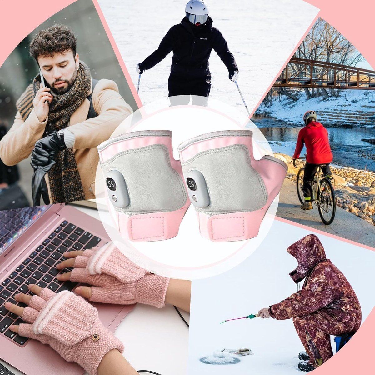 USB Heated Gloves Touchscreen Rechargeable Pink, 15 x 9 cm