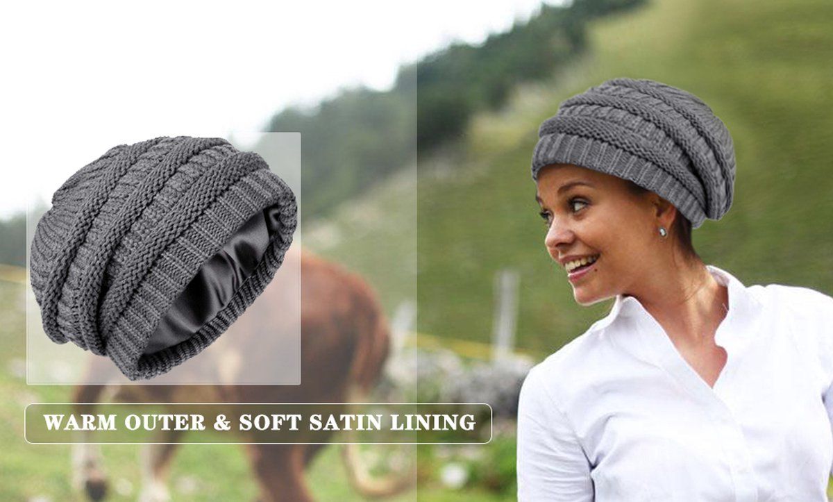 Womens Slouchy Ski Hat Warm with Satin Lining Dark Gray, 52-60 cm