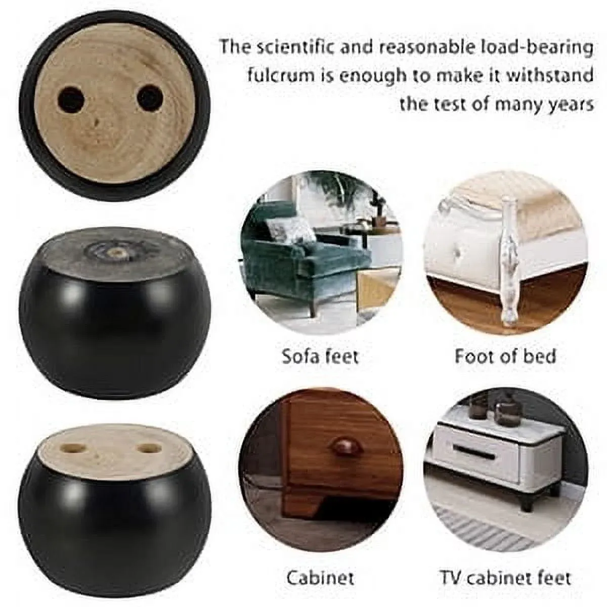 4 Pcs Round Bun Furniture Legs, Solid Eucalyptus Wood Replacement Sofa Feet, Black 2 Inch