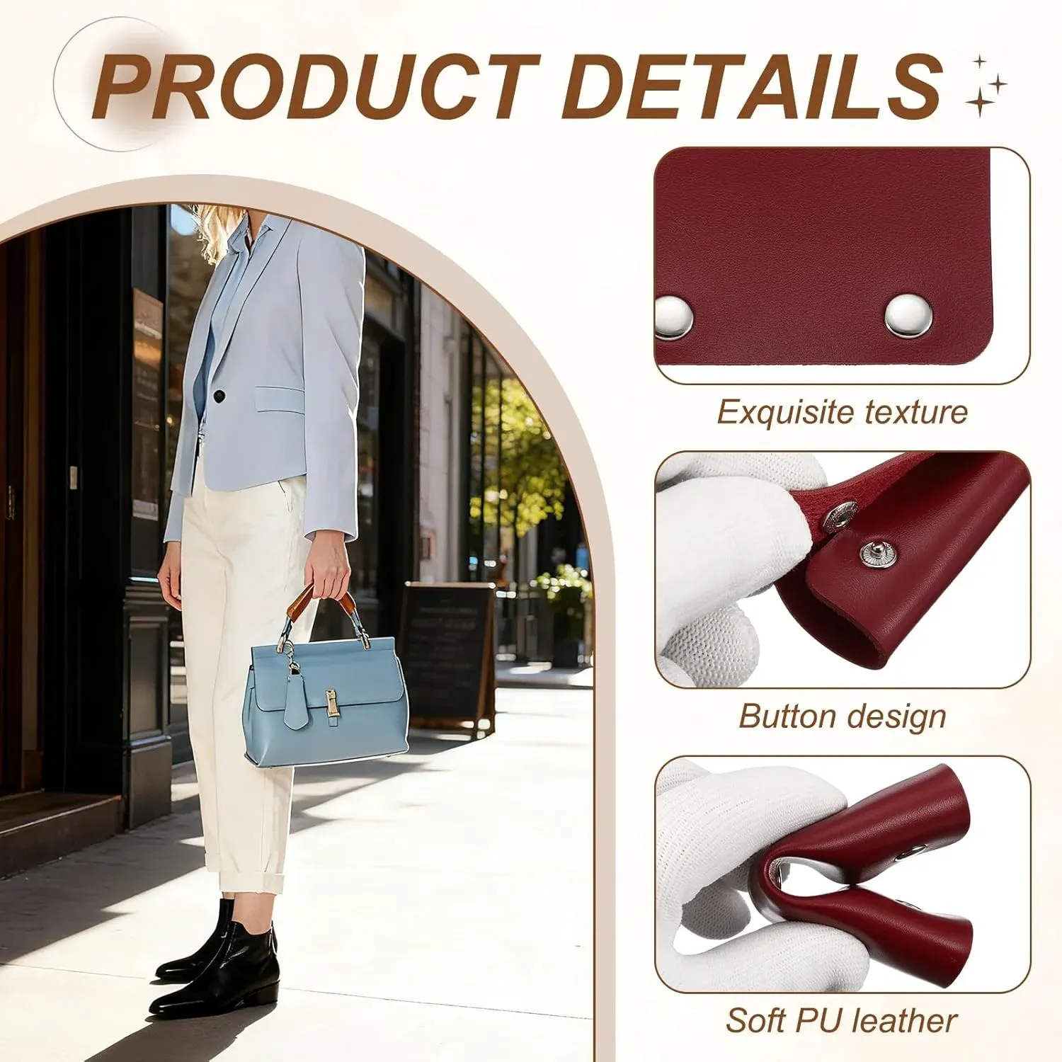 4 Pcs Handbag Handle Covers, PVC Leather Non Slip Grip Protectors with Buckles, Burgundy