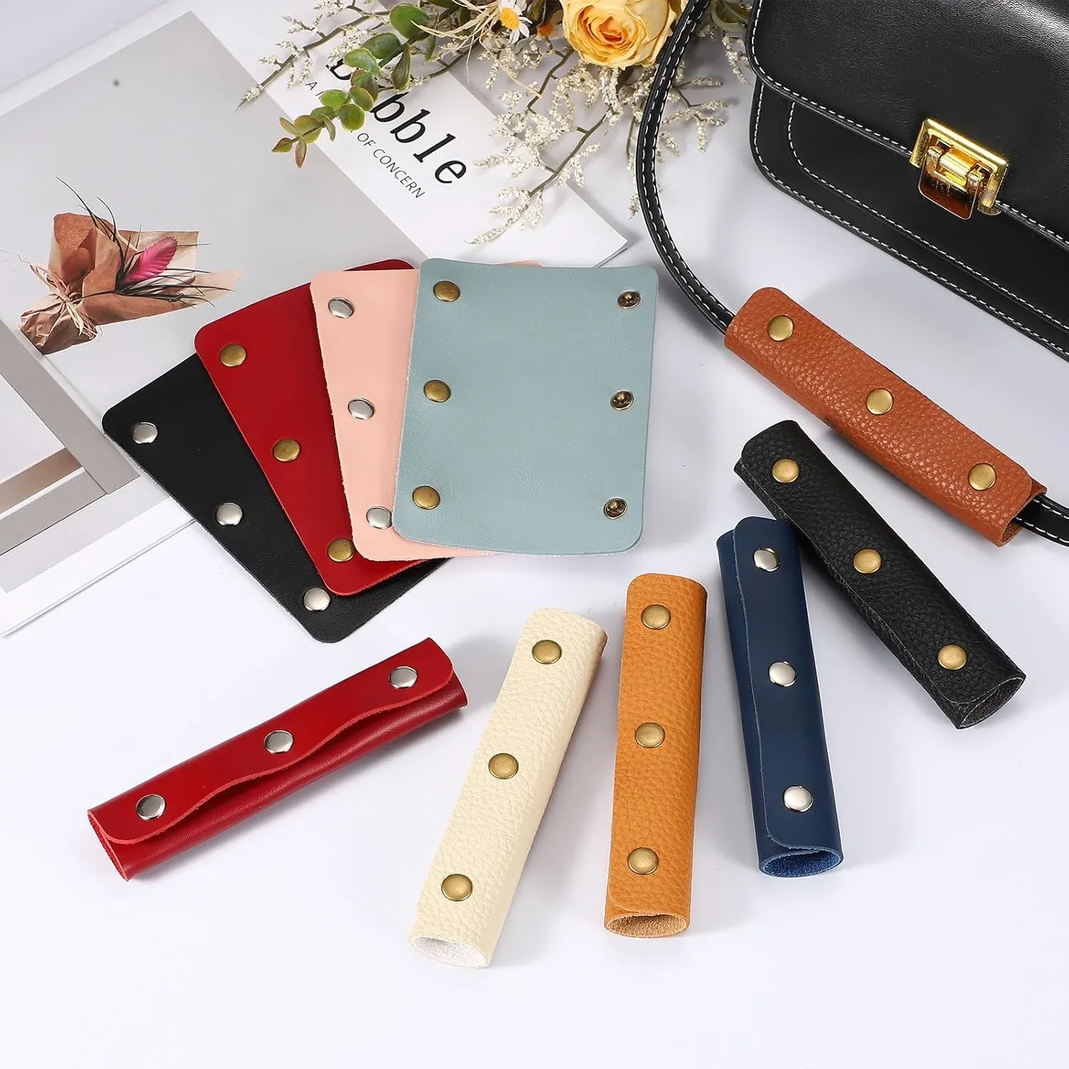 4 Pcs Handbag Handle Covers, PVC Leather Non Slip Grip Protectors with Buckles, Burgundy