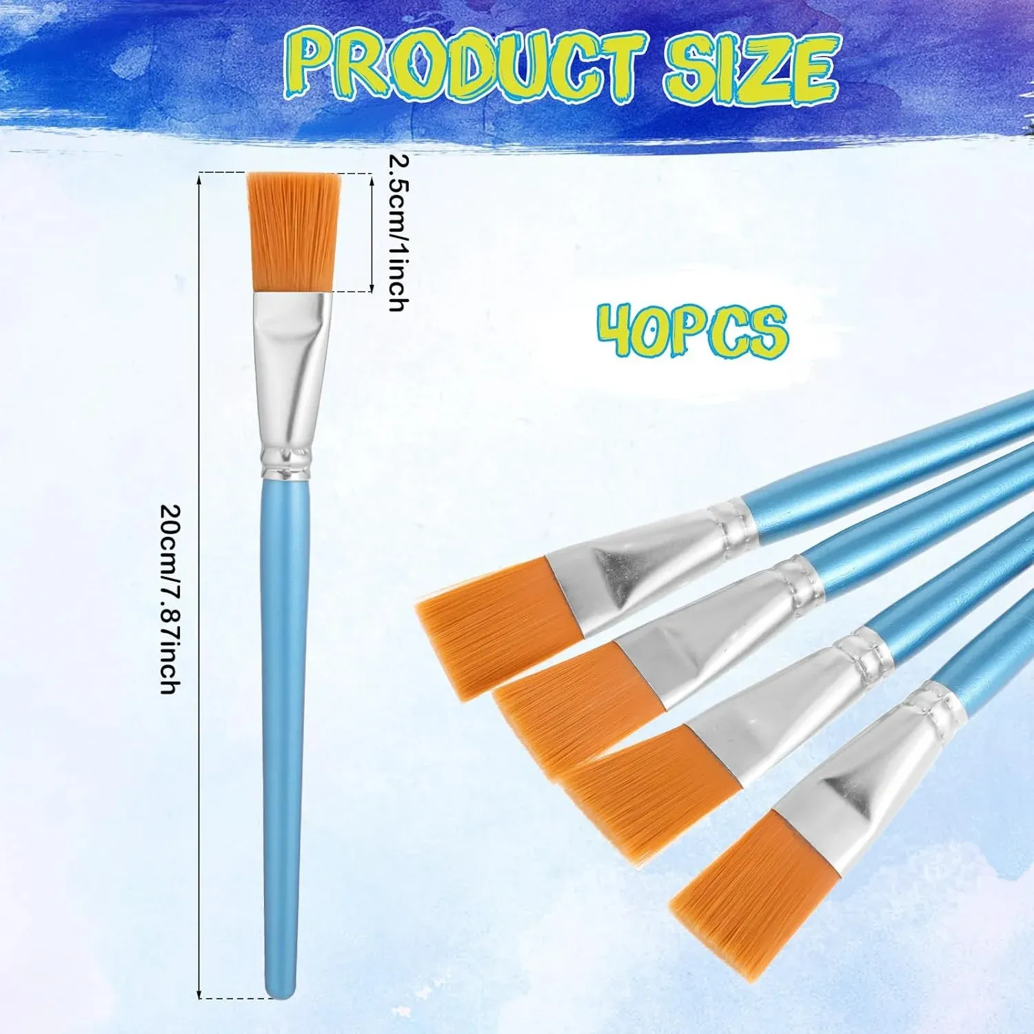 40 Pcs Flat Paint Brushes, 1 Inch Nylon Bristles Wooden Handles for Kids Artists, Silver
