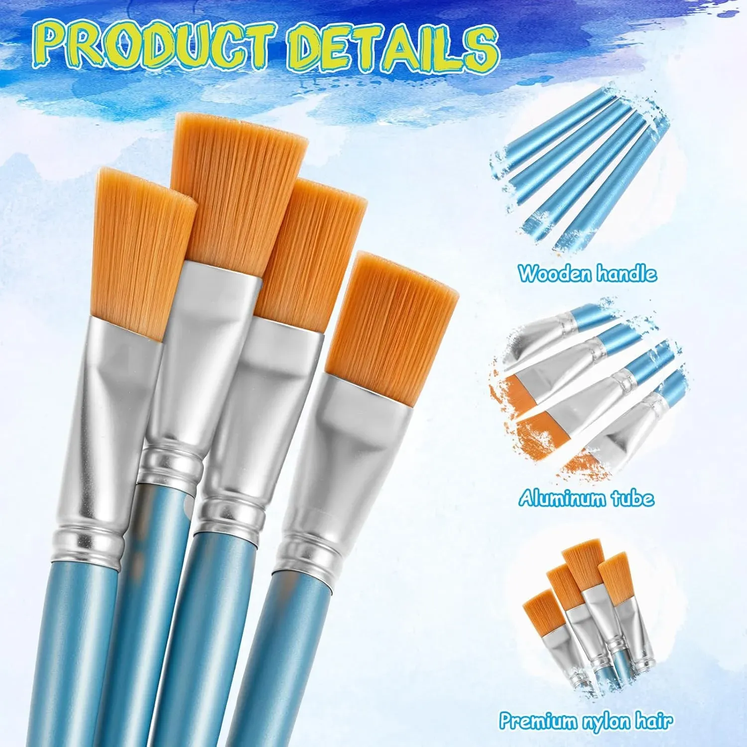 40 Pcs Flat Paint Brushes, 1 Inch Nylon Bristles Wooden Handles for Kids Artists, Silver