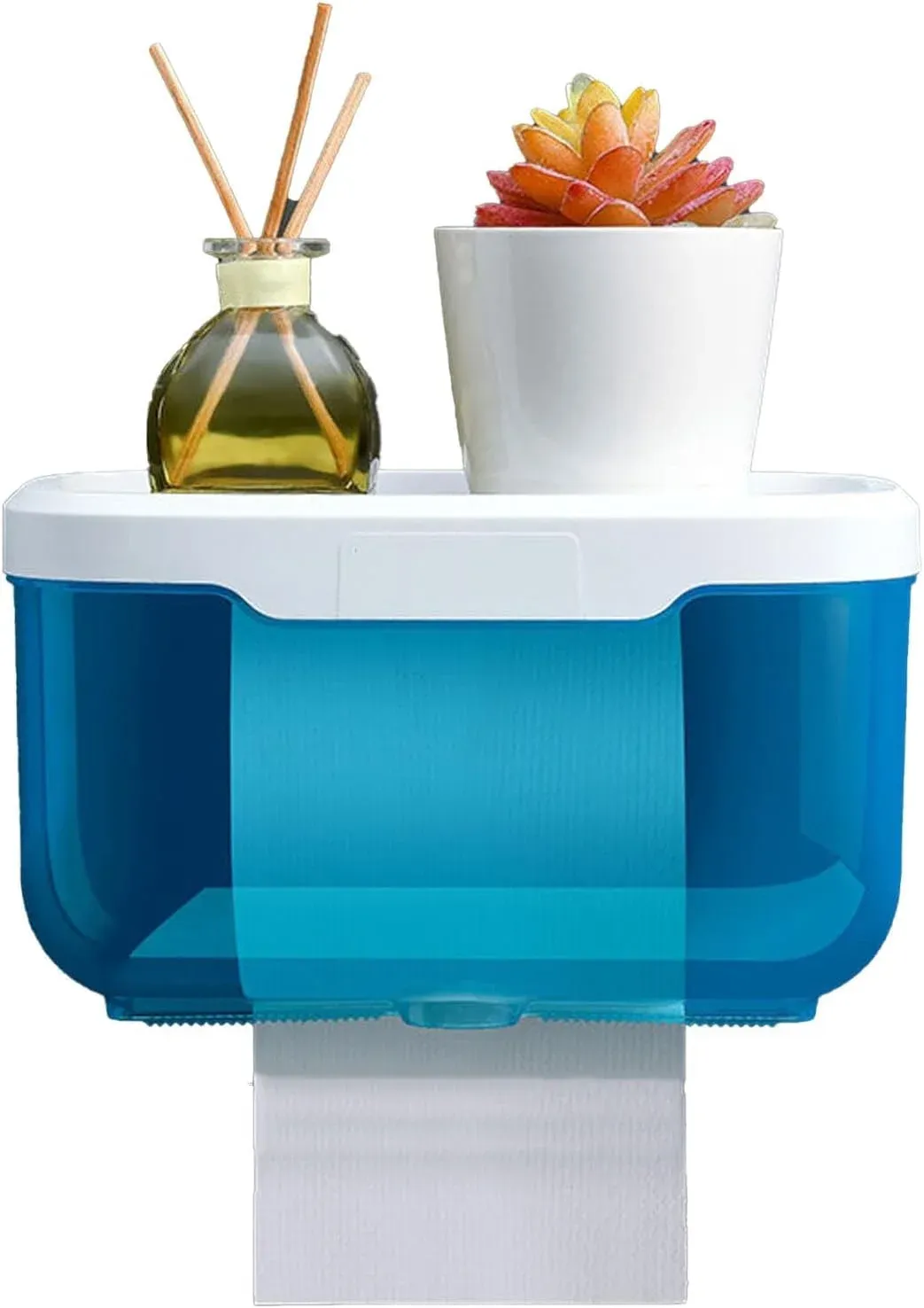 Wall Mounted Enclosed Toilet Paper Holder, Waterproof Roll Protector with Phone Shelf, Blue