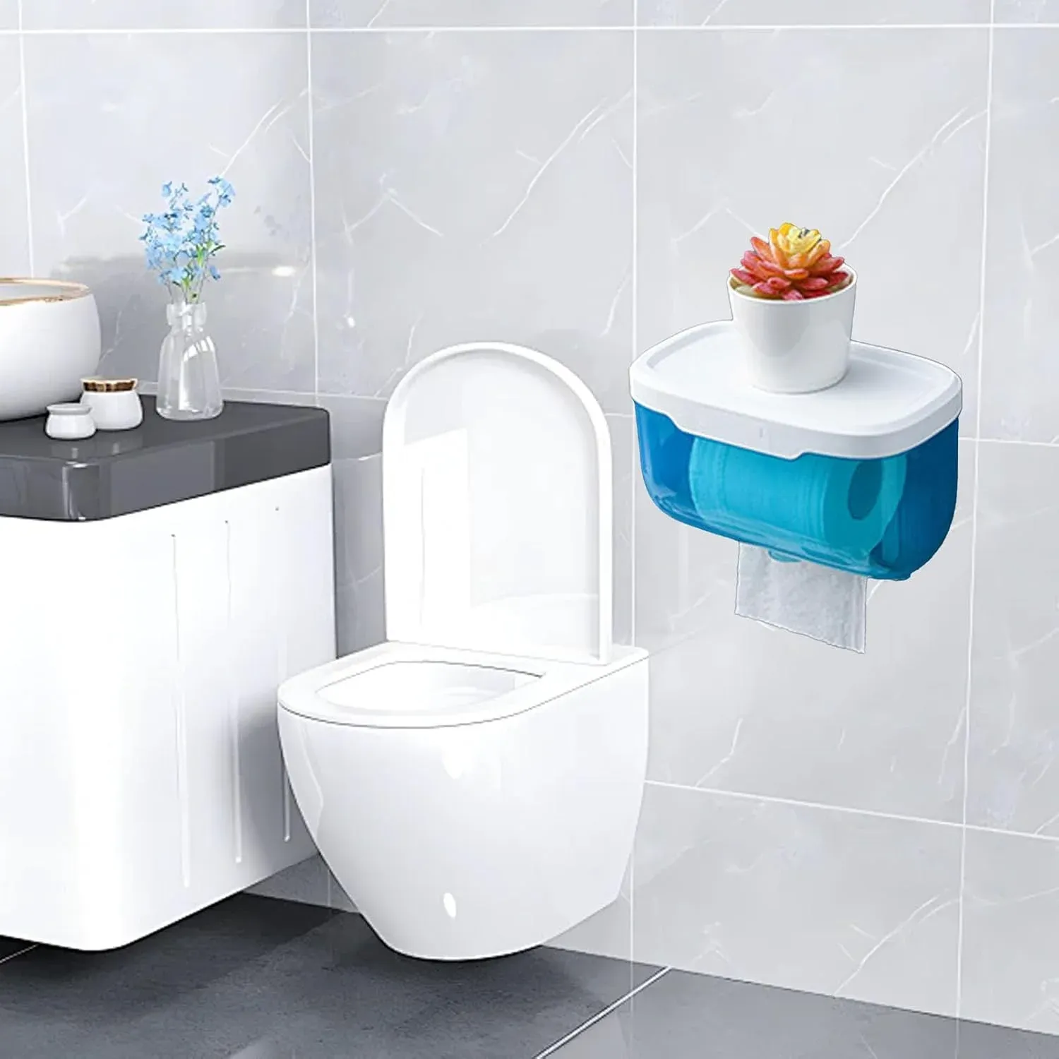 Wall Mounted Enclosed Toilet Paper Holder, Waterproof Roll Protector with Phone Shelf, Blue
