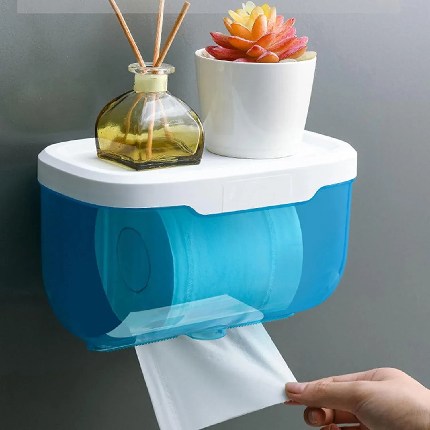 Wall Mounted Enclosed Toilet Paper Holder, Waterproof Roll Protector with Phone Shelf, Blue