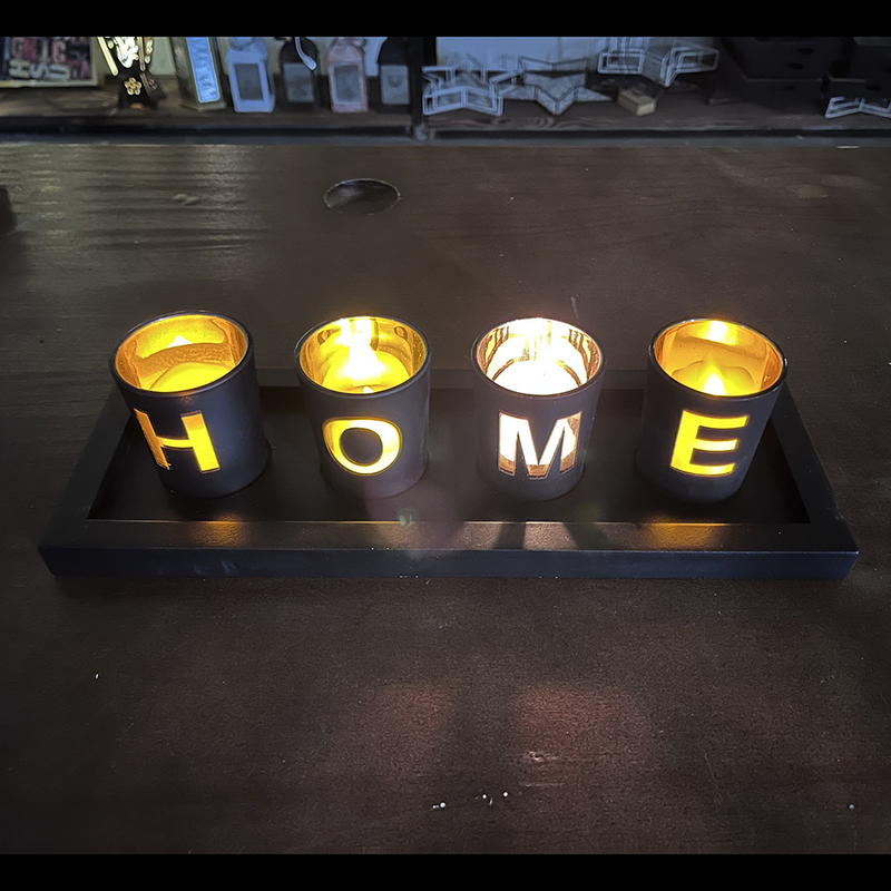 4-Piece HOME Letter Tealight Candle Holder Set with Black Display Tray