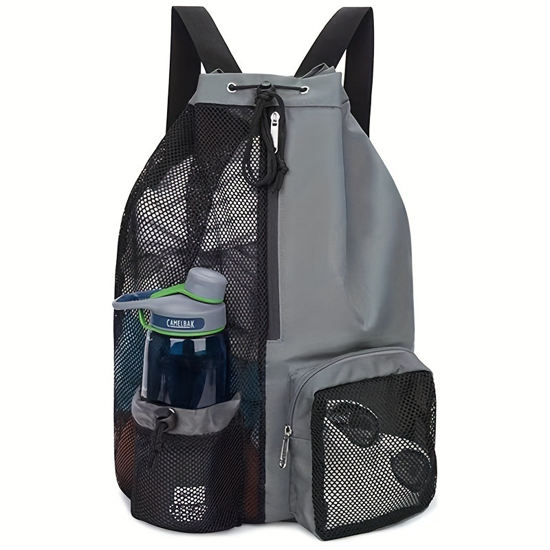 Mesh Drawstring Swim Backpack, Separate Waterproof Wet Pocket, Breathable Beach Gym Sack with Bottle Holder, Adjustable Straps for Swimming Cycling Yoga Travel, Large Space for Helmet Multiple Colors Available(Gray)